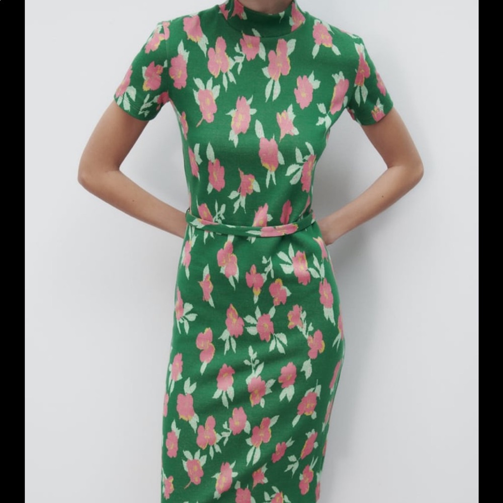 Zara Green Floral Midi Dress with Pink Blooms